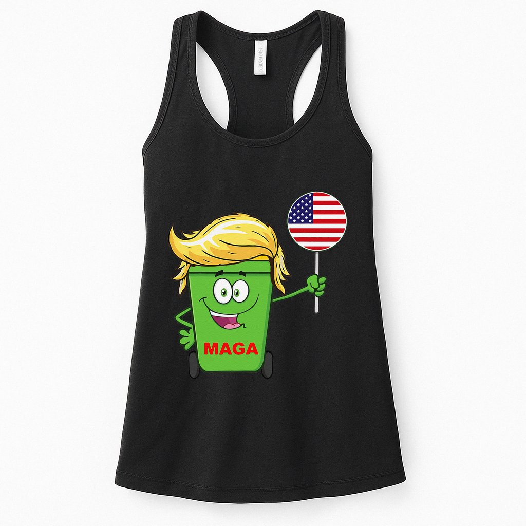 Funny Trump Maga Cartoon Garbage Can American Flag Womens Tank Top