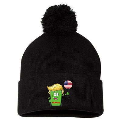 Funny Trump Maga Cartoon Garbage Can American Flag Pom Pom 12in Knit Beanie