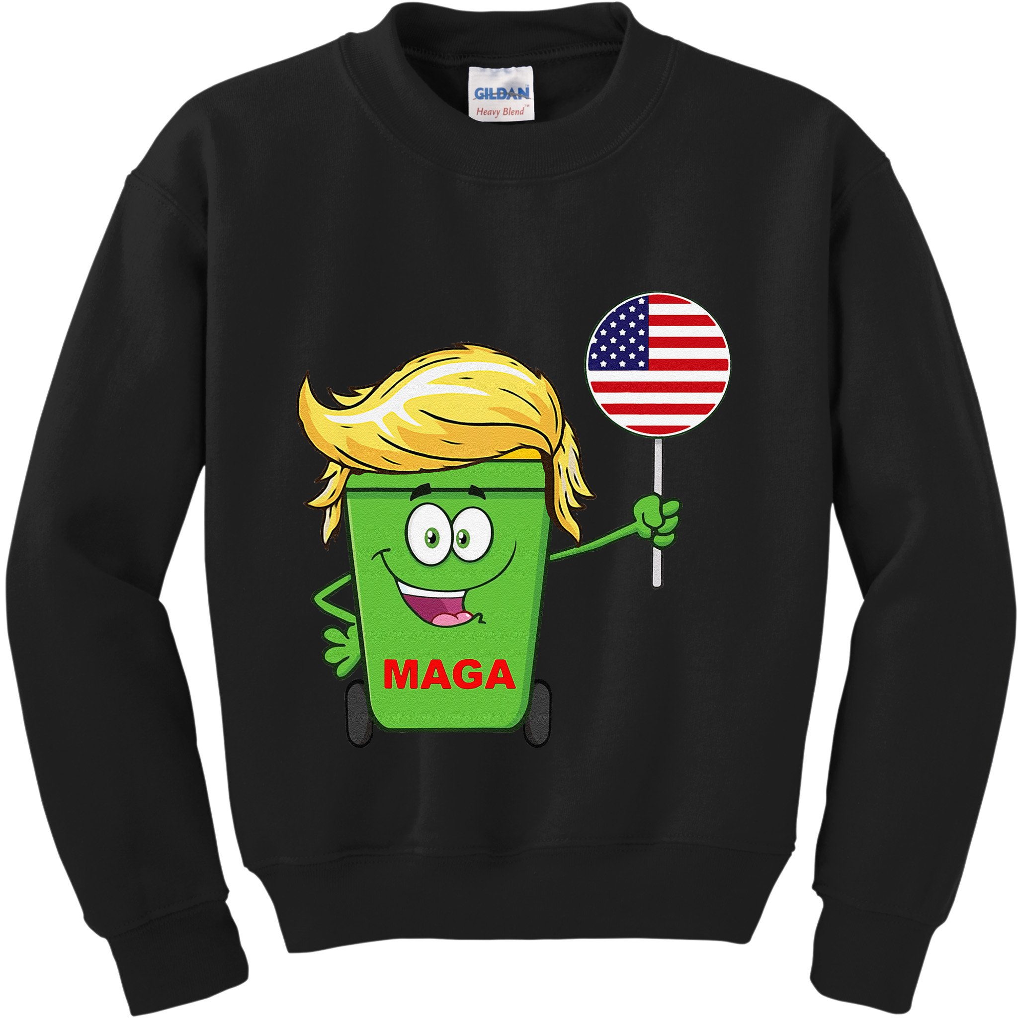 Funny Trump Maga Cartoon Garbage Can American Flag Kids Sweatshirt
