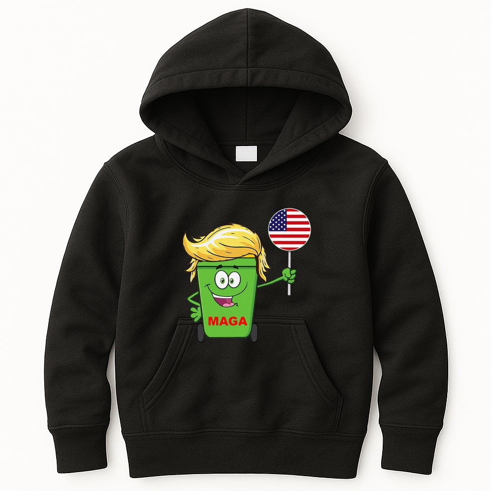 Funny Trump Maga Cartoon Garbage Can American Flag Kids Hoodie