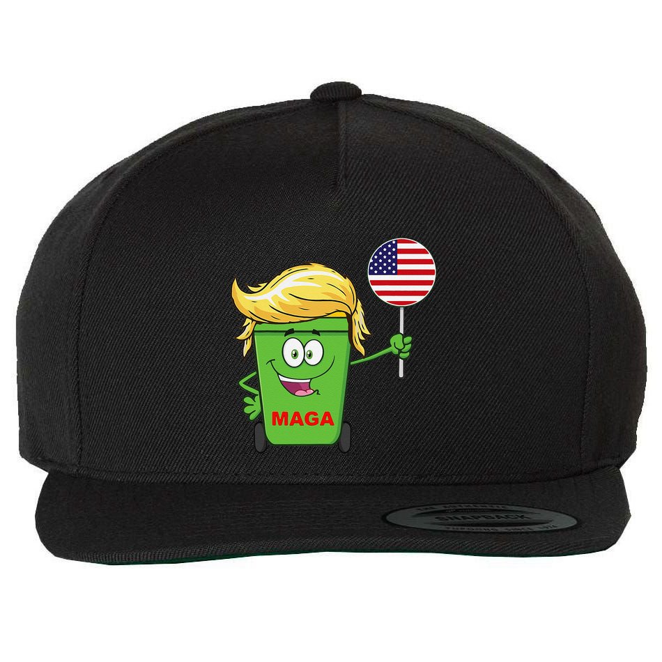 Funny Trump Maga Cartoon Garbage Can American Flag Wool Snapback Cap