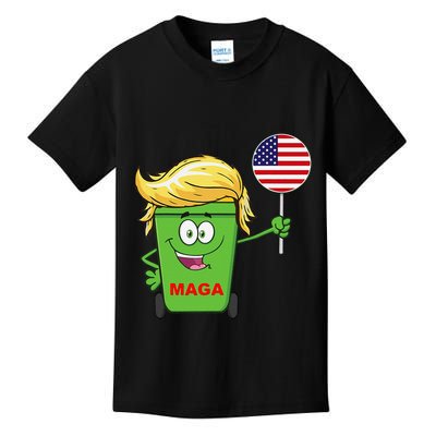 Funny Trump Maga Cartoon Garbage Can American Flag Kids T-Shirt