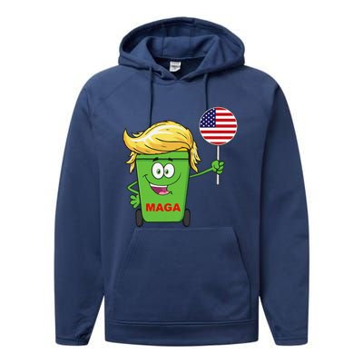 Funny Trump Maga Cartoon Garbage Can American Flag Performance Fleece Hoodie