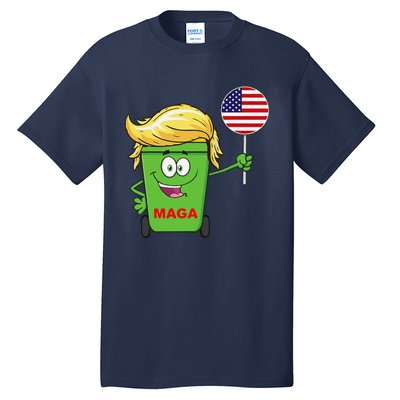 Funny Trump Maga Cartoon Garbage Can American Flag Tall T-Shirt