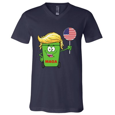 Funny Trump Maga Cartoon Garbage Can American Flag V-Neck T-Shirt