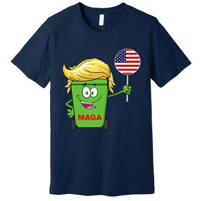 Funny Trump Maga Cartoon Garbage Can American Flag Premium T-Shirt