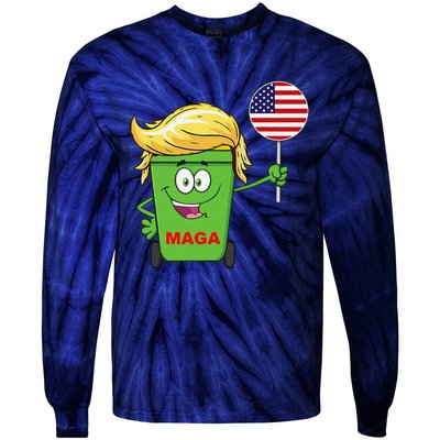 Funny Trump Maga Cartoon Garbage Can American Flag Tie-Dye Long Sleeve Shirt