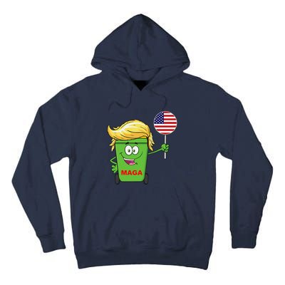 Funny Trump Maga Cartoon Garbage Can American Flag Tall Hoodie