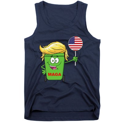 Funny Trump Maga Cartoon Garbage Can American Flag Tank Top