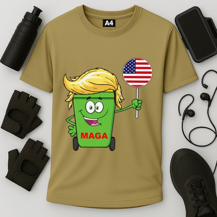 Funny Trump Maga Cartoon Garbage Can American Flag Cooling Performance Crew T-Shirt
