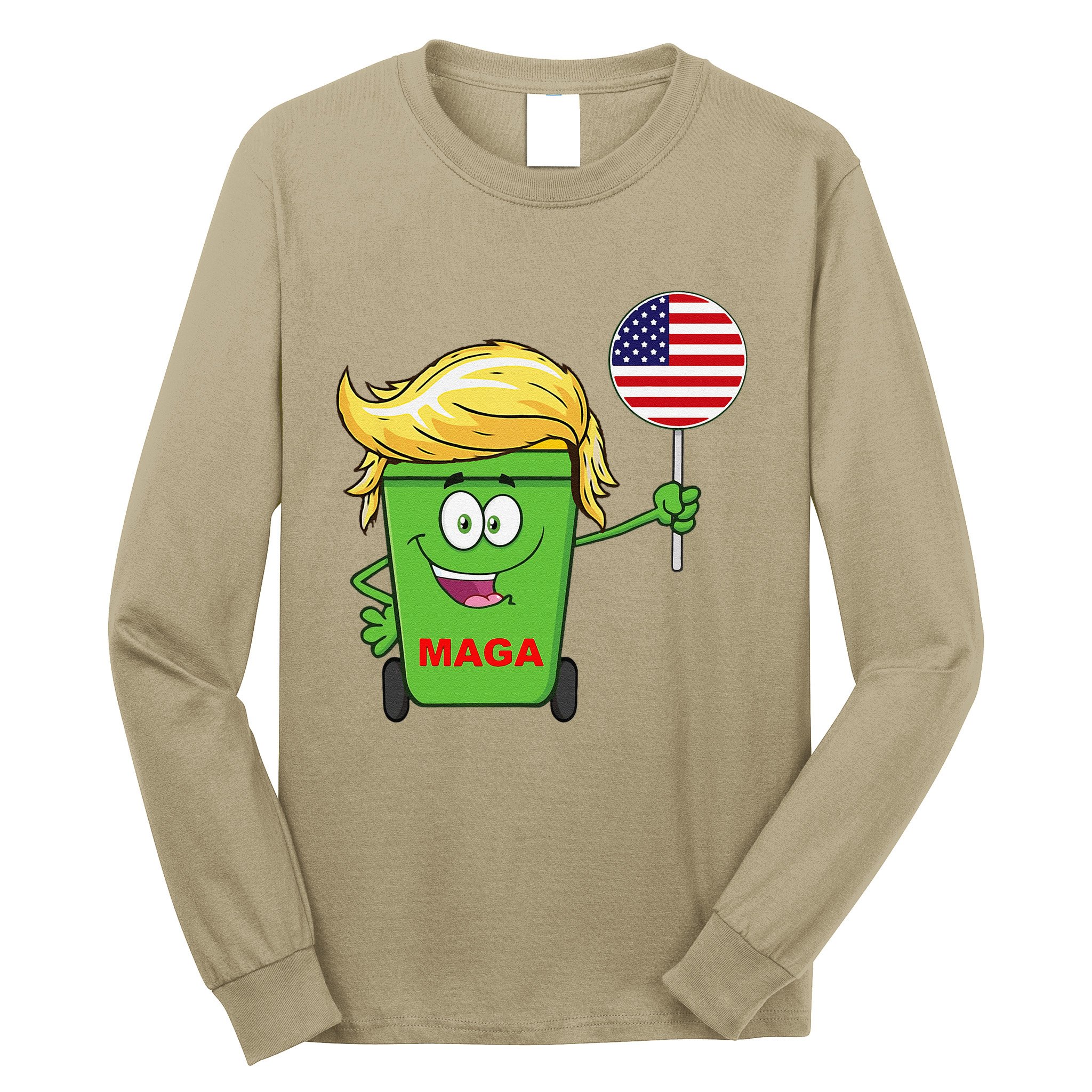 Funny Trump Maga Cartoon Garbage Can American Flag Long Sleeve Shirt