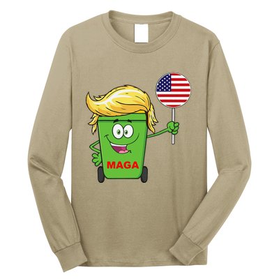 Funny Trump Maga Cartoon Garbage Can American Flag Long Sleeve Shirt