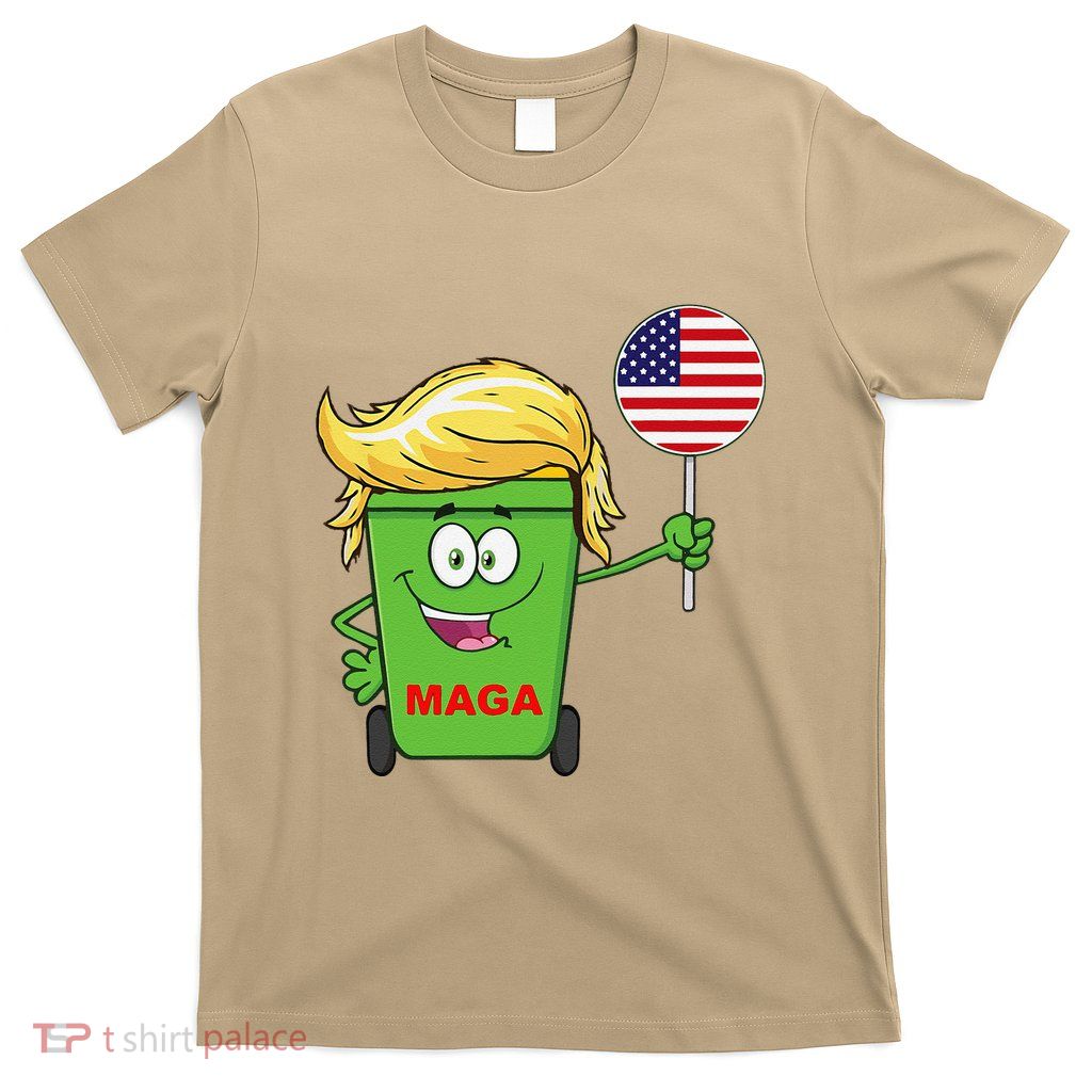 Funny Trump Maga Cartoon Garbage Can American Flag T-Shirt