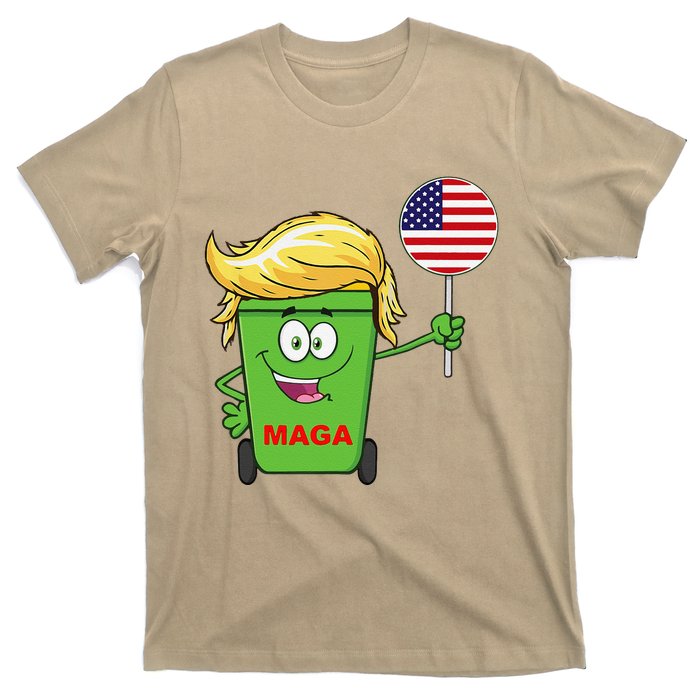 Funny Trump Maga Cartoon Garbage Can American Flag T-Shirt