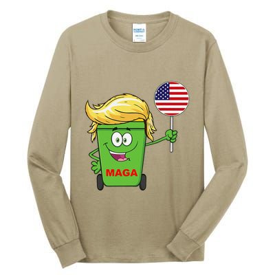 Funny Trump Maga Cartoon Garbage Can American Flag Tall Long Sleeve T-Shirt