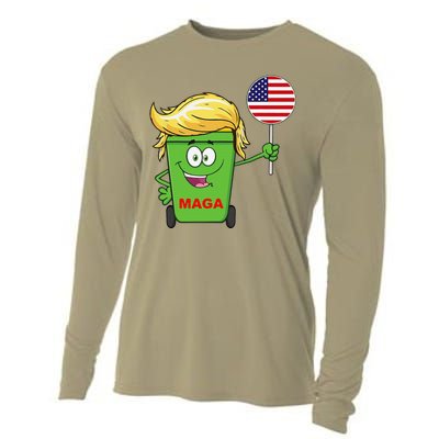 Funny Trump Maga Cartoon Garbage Can American Flag Cooling Performance Long Sleeve Crew