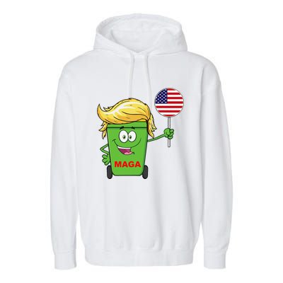 Funny Trump Maga Cartoon Garbage Can American Flag Garment-Dyed Fleece Hoodie