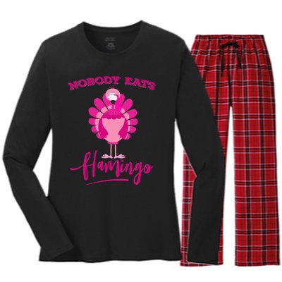 Funny Thanksgiving  Nobody Eats Flamingo Turkey Face Women's Long Sleeve Flannel Pajama Set 