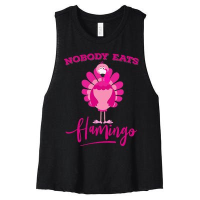 Funny Thanksgiving  Nobody Eats Flamingo Turkey Face Women's Racerback Cropped Tank