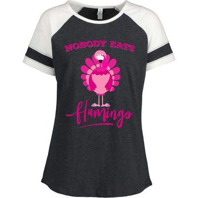 Funny Thanksgiving  Nobody Eats Flamingo Turkey Face Enza Ladies Jersey Colorblock Tee