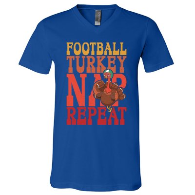 Football Turkey Nap Repeat Thanksgiving Football Lovers Funny Gift V-Neck T-Shirt