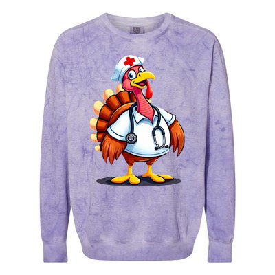 Funny Turkey Nurse Cartoon Thanksgiving Nurses Colorblast Crewneck Sweatshirt