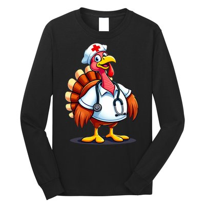 Funny Turkey Nurse Cartoon Thanksgiving Nurses Long Sleeve Shirt