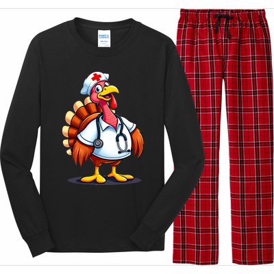 Funny Turkey Nurse Cartoon Thanksgiving Nurses Long Sleeve Pajama Set