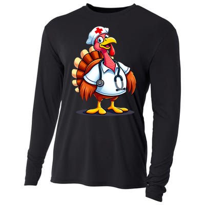 Funny Turkey Nurse Cartoon Thanksgiving Nurses Cooling Performance Long Sleeve Crew