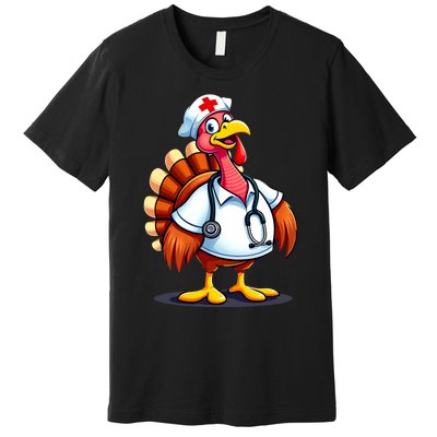 Funny Turkey Nurse Cartoon Thanksgiving Nurses Premium T-Shirt