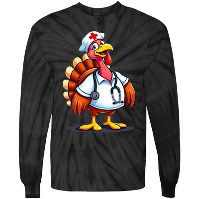 Funny Turkey Nurse Cartoon Thanksgiving Nurses Tie-Dye Long Sleeve Shirt