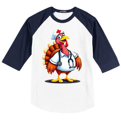 Funny Turkey Nurse Cartoon Thanksgiving Nurses Baseball Sleeve Shirt