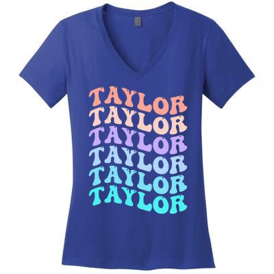 Funny T.aylor name groovy colourful love i love Ts T.aylor Women's V-Neck T-Shirt