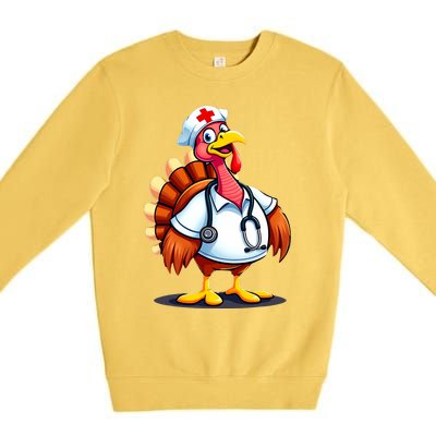 Funny Turkey Nurse Cartoon Thanksgiving Nurses Premium Crewneck Sweatshirt