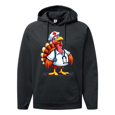 Funny Turkey Nurse Cartoon Thanksgiving Nurses Performance Fleece Hoodie