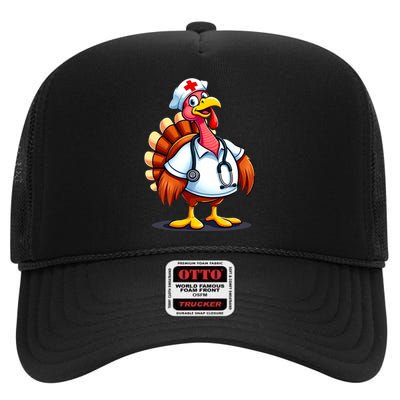 Funny Turkey Nurse Cartoon Thanksgiving Nurses High Crown Mesh Back Trucker Hat