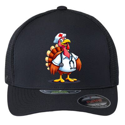 Funny Turkey Nurse Cartoon Thanksgiving Nurses Flexfit Unipanel Trucker Cap