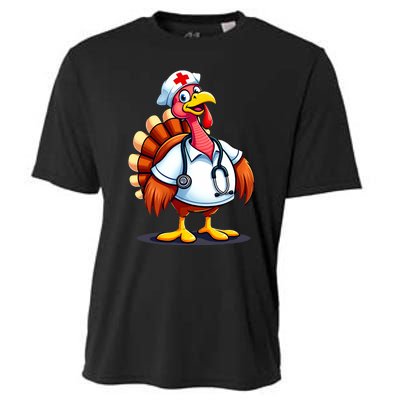 Funny Turkey Nurse Cartoon Thanksgiving Nurses Cooling Performance Crew T-Shirt