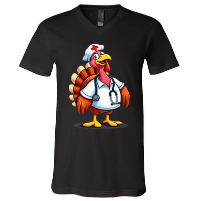 Funny Turkey Nurse Cartoon Thanksgiving Nurses V-Neck T-Shirt