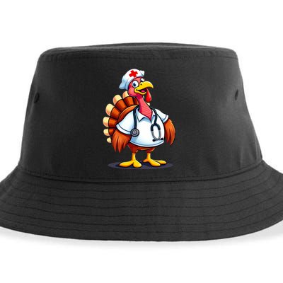 Funny Turkey Nurse Cartoon Thanksgiving Nurses Sustainable Bucket Hat