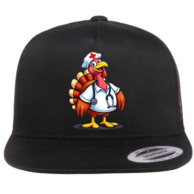 Funny Turkey Nurse Cartoon Thanksgiving Nurses Flat Bill Trucker Hat