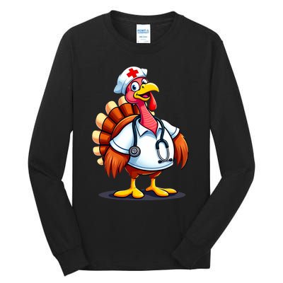 Funny Turkey Nurse Cartoon Thanksgiving Nurses Tall Long Sleeve T-Shirt