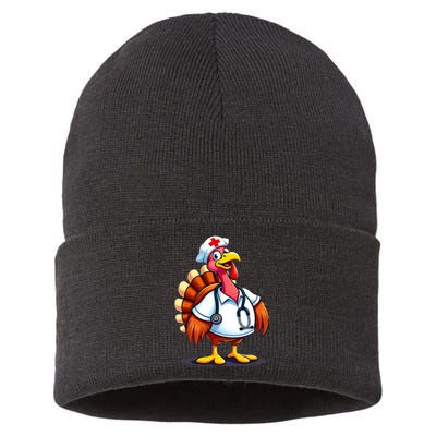 Funny Turkey Nurse Cartoon Thanksgiving Nurses Sustainable Knit Beanie