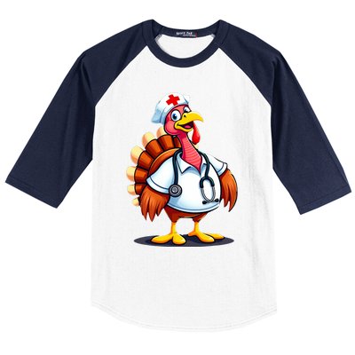 Funny Turkey Nurse Cartoon Thanksgiving Nurses Baseball Sleeve Shirt