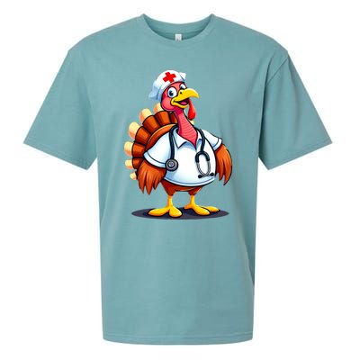 Funny Turkey Nurse Cartoon Thanksgiving Nurses Sueded Cloud Jersey T-Shirt