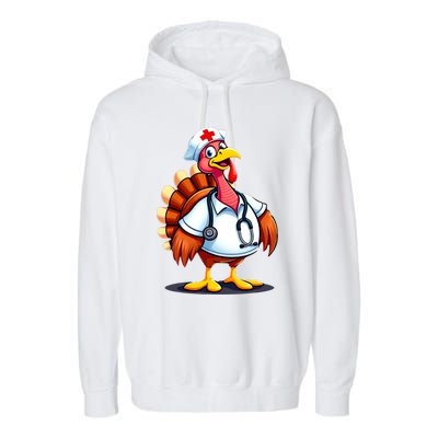 Funny Turkey Nurse Cartoon Thanksgiving Nurses Garment-Dyed Fleece Hoodie