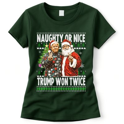 Funny Trump Naughty Or Nice Won Twice Ugly Christmas Womens T-Shirt