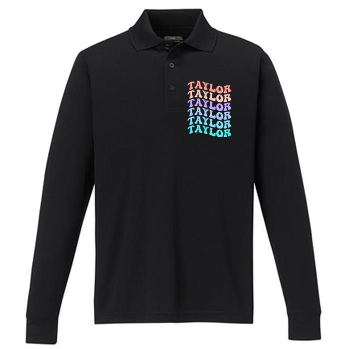 Funny Taylor name groovy colourful love i love Ts Taylor Performance Long Sleeve Polo