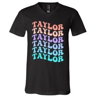 Funny Taylor name groovy colourful love i love Ts Taylor V-Neck T-Shirt