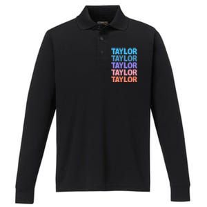 Funny Taylor Name Modern Fit   Classic Black  Text Design Performance Long Sleeve Polo